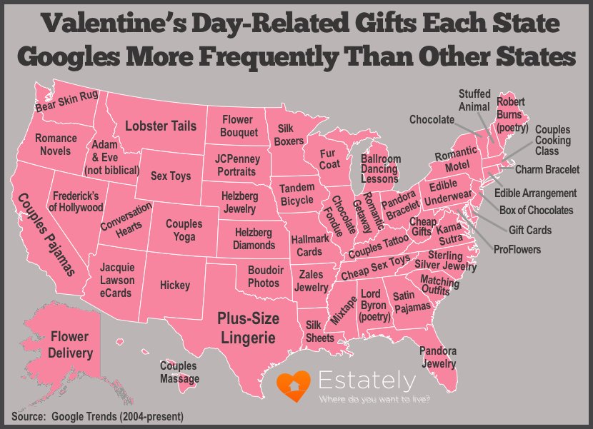 Valentine's Day-Related Gifts Each State Googles More Frequently Than Other  States – Estately Blog